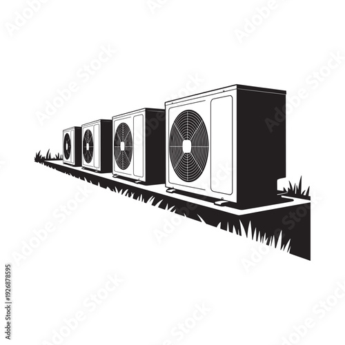 Black and white illustration of four outdoor air conditioning units in a row