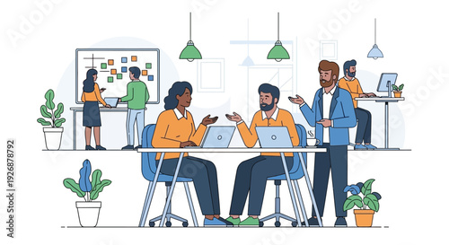 Diverse team collaborating in modern office setting.