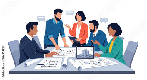Diverse team collaborating on architectural project blueprints.
