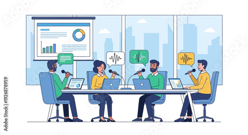 Four people in a meeting discussing business ideas.