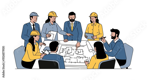 Diverse team of architects and engineers collaborating on blueprints.