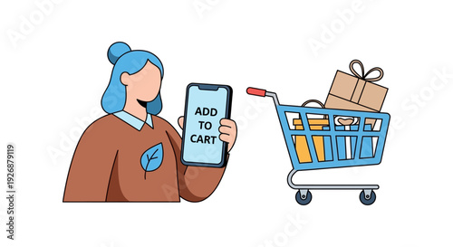 Woman Adding to Cart on Smartphone with Shopping Trolley for E-commerce and Mobile Retail
