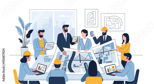 Diverse team of architects and engineers collaborating on blueprints.