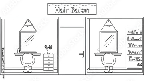 Line drawing of a hair salon storefront. Two styling stations with mirrors, chairs, and shelves with products are visible. The sign reads "Hair Salon."