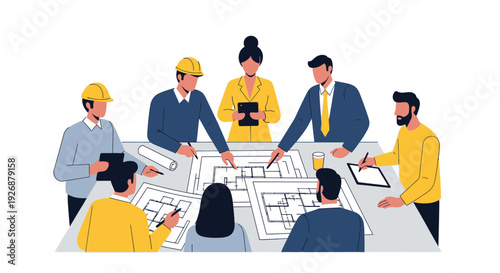 Diverse team of architects and engineers collaborating on blueprints.