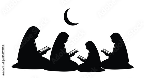 Three women reading books under a crescent moon black silhouette