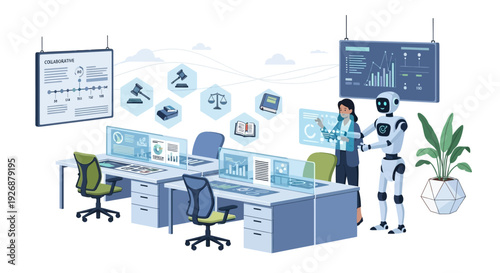 Futuristic Control Room with Robot and Human Collaboration.