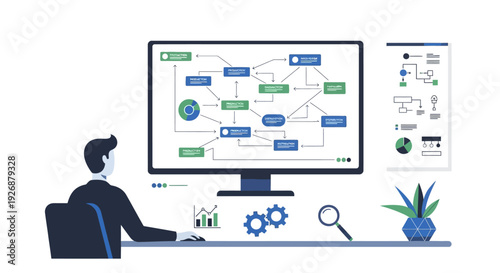 Man Analyzing Complex Flowchart on Computer Screen.