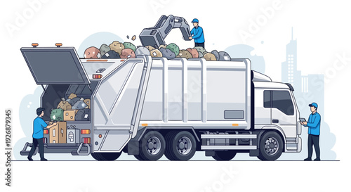 Garbage truck collecting waste with workers and excavator.