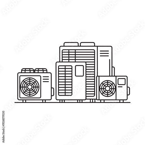 Line art illustration depicting multiple outdoor air conditioning units