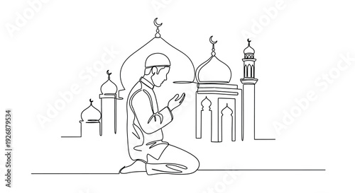 Tablou pe pânză Muslim man praying before a mosque in a continuous line silhouette
