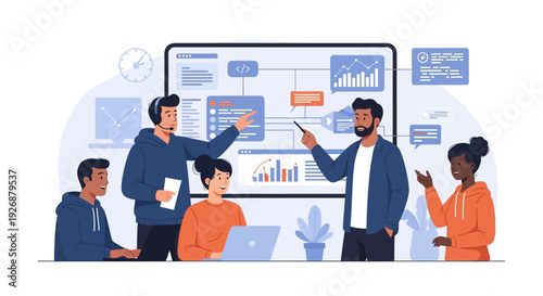 Diverse team collaborating on a business presentation strategy.