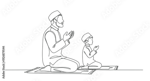 Father and son praying together in a minimalist line art silhouette