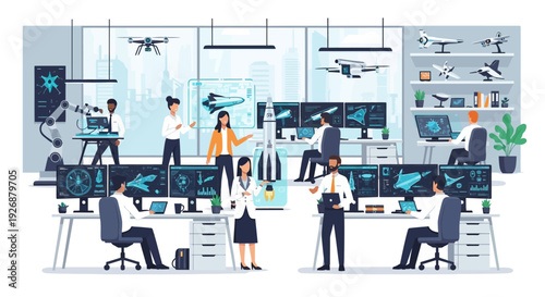 Diverse team of professionals collaborating in a modern technology control center.