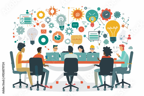 Colorful illustration presenting a business meeting, where team members collaborate around a table, brainstorming ideas and innovating solutions, working and planning.