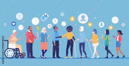 Diverse group symbolizing inclusivity, community, and intergenerational connection. Emphasizes accessibility and interaction through social media and varied abilities.