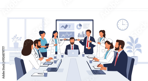 Medical professionals collaborating in a modern boardroom meeting.