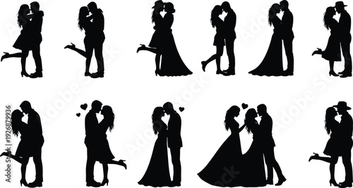 Romantic couple silhouette vector illustration of love poses with embrace, kiss, hearts, wedding attire, intimacy artwork design for romance themes