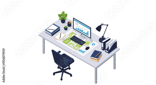 Modern Isometric Office Desk Setup with Computer and Supplies.