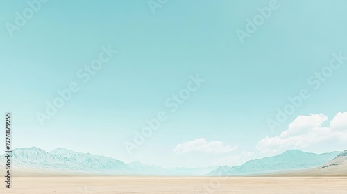 Serene Desert Landscape: Pastel Sky, Mountains, and Expansive Sand.