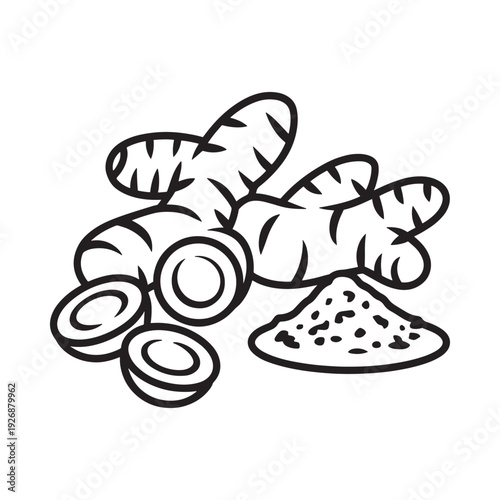 Black and white illustration of fresh ginger root and powdered spice