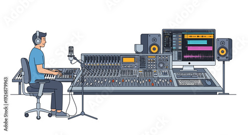 Man Composing Music in a Professional Recording Studio.