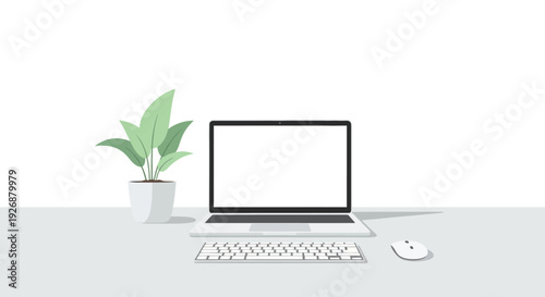 Modern Laptop Setup with Plant and Mouse on Desk.