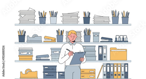 Man in office holding clipboard and pen.