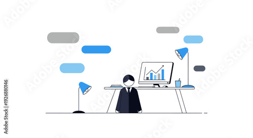 Man in Suit at Desk with Computer and Charts.