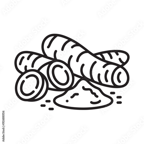 Illustration of turmeric roots powder and sliced pieces in black and white