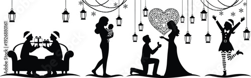 Romantic winter silhouettes set featuring marriage proposal, mother with baby, Christmas gift exchange, and festive elf dancer with hanging lanterns