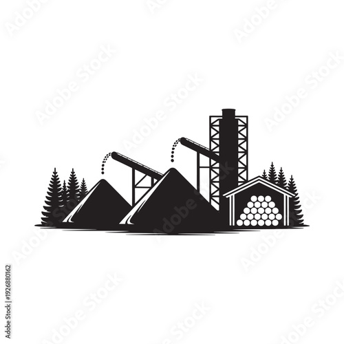 Black and white illustration of a lumber mill and surrounding forest