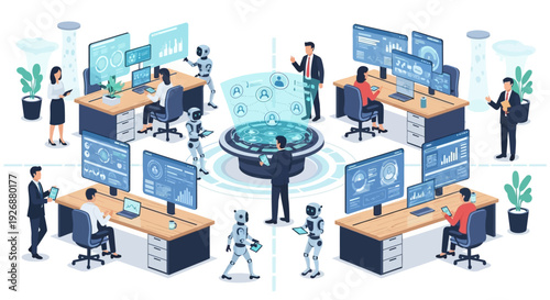 Modern office with robots and futuristic technology displays.