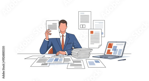 Man in Suit Working with Documents and Laptop.