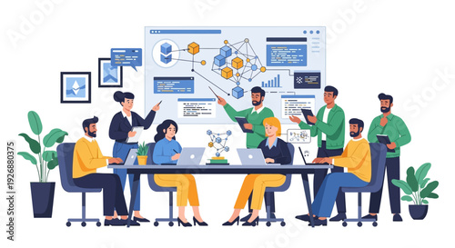 Diverse team collaborating on a business strategy presentation.