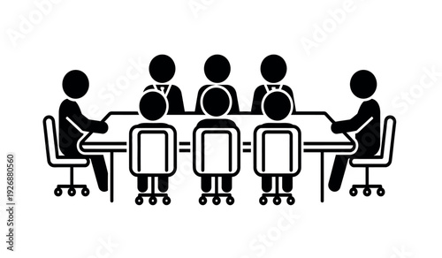 A group of business people sitting around a conference table in a meeting room with office chairs