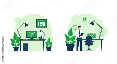 Modern Office Workspace with Plants and Technology.
