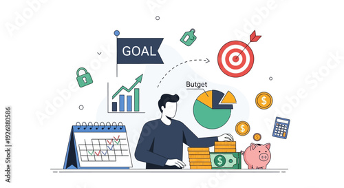 Man planning financial goals with calendar and piggy bank.