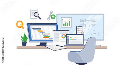 Modern Office Workspace with Technology and Project Management Tools.