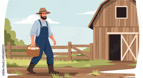 Farmer carrying eggs in a basket for agricultural marketing and educational materials