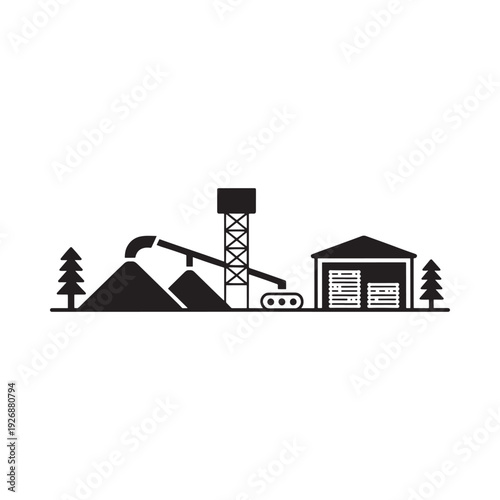 Simplified industrial complex illustration featuring a mine processing plant and trees