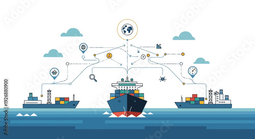 Global Shipping Logistics Network Connecting Cargo Ships.