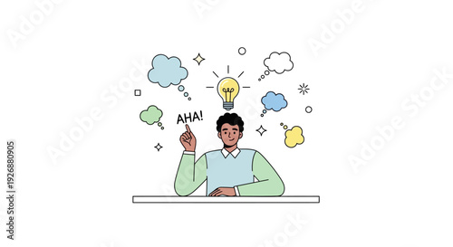 Man with idea lightbulb above head thinking.