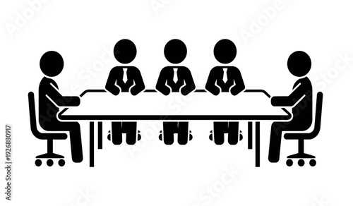 A group of business people sitting around a meeting table in a simple black silhouette style