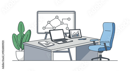 Modern Office Desk Setup with Technology and Charts.