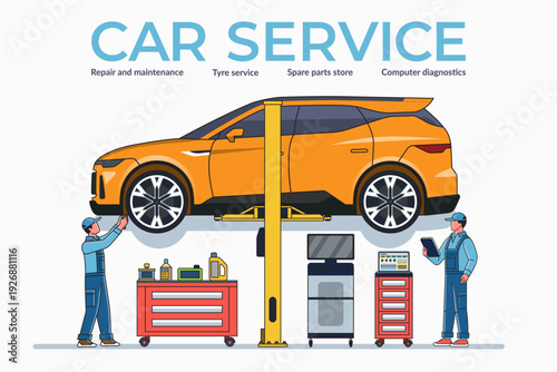 Auto service, car maintenance and repair concept illustration. A team of auto mechanics checks and maintains a car on a car lift in a service workshop. Vector illustration.