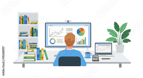 Man working at desk with computer displaying charts.
