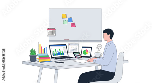Man working at desk with laptop and charts.
