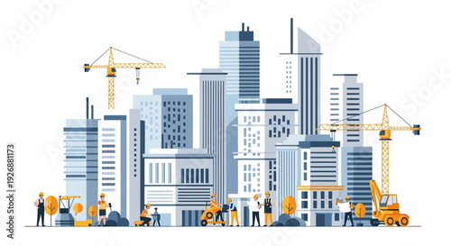Modern Cityscape Under Construction with Cranes and Workers.