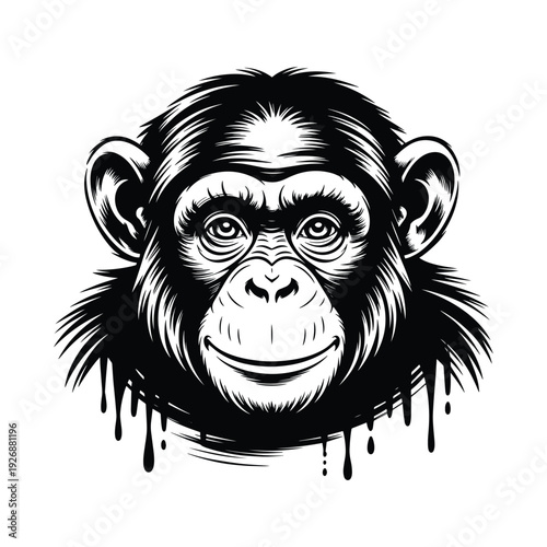 Chimpanzee face, vintage illustration, primate portrait, jungle animal, black and white, dripping effect
